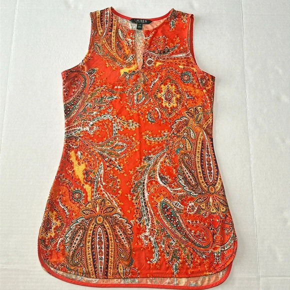 Lauren Ralph Lauren Women’s Sleeveless Paisley Tunic Top Orange XXSmall - Picture 1 of 7